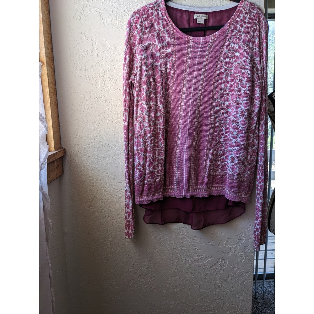 Lucky Brand Women Pink Ikat Knit Split Back Layered Chiffon Hem Top Large